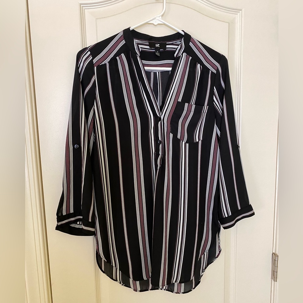 Iz Byer Black and White Striped Blouse with Maroon Accents